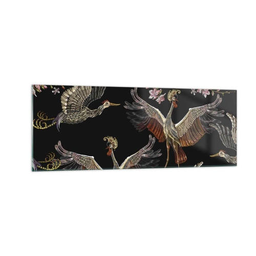 Quadro su vetro - Gru e fiori eleganti su sfondo nero - 140x50cm - Uccello fantastico - Decorazione murale moderna per soggiorno e camera da letto ARTTOR