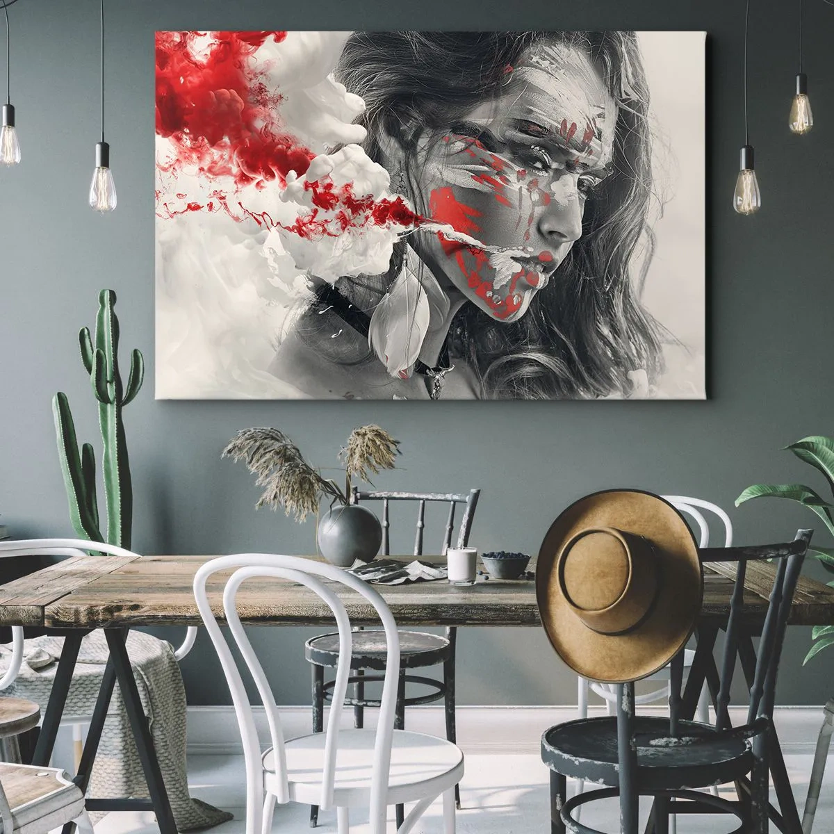 Quadro su tela - Stampe su Tela - Ritratto artistico di una donna con accenti rossi astratti - 70x50cm - Nei vapori dell'assurdo - Decorazione murale moderna per soggiorno e camera da letto ARTTOR