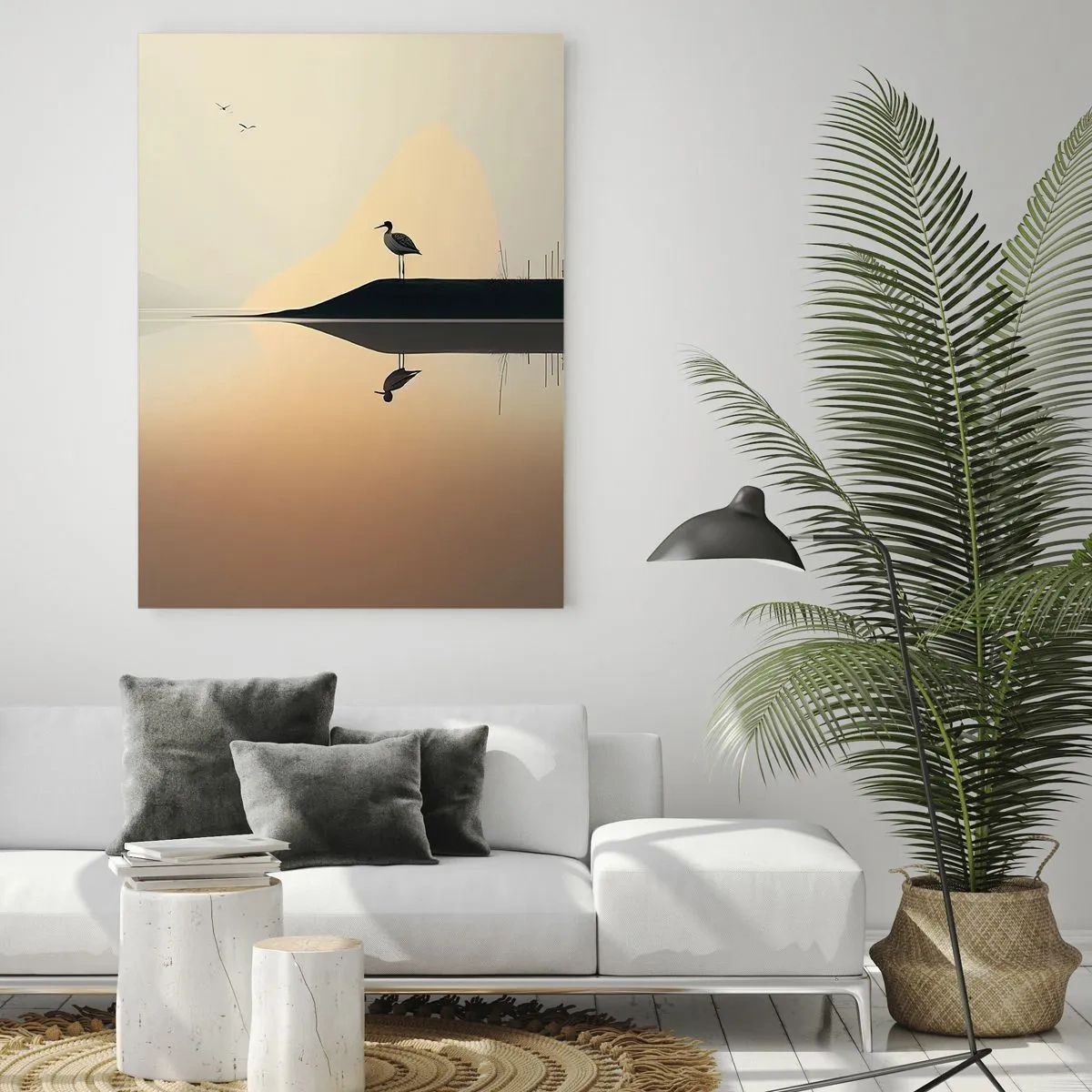 Quadro su vetro - Un uccello su un'isola in un lago calmo con tonalità calde - 80x120cm - Il signore del lago - Decorazione murale moderna per soggiorno e camera da letto ARTTOR