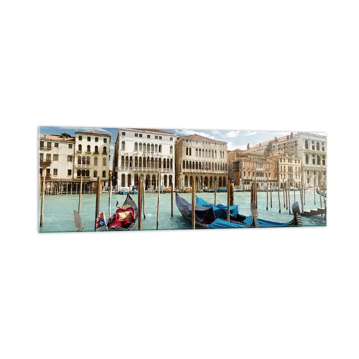 Quadro su vetro - Venezia con gondole e palazzi contro il cielo - 160x50cm - Palazzi nel blu - Decorazione murale moderna per soggiorno e camera da letto ARTTOR