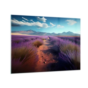 Quadro su vetro - Campi di lavanda al tramonto con vista sulle montagne - 70x50cm - Campi profumati - Decorazione murale moderna per soggiorno e camera da letto ARTTOR