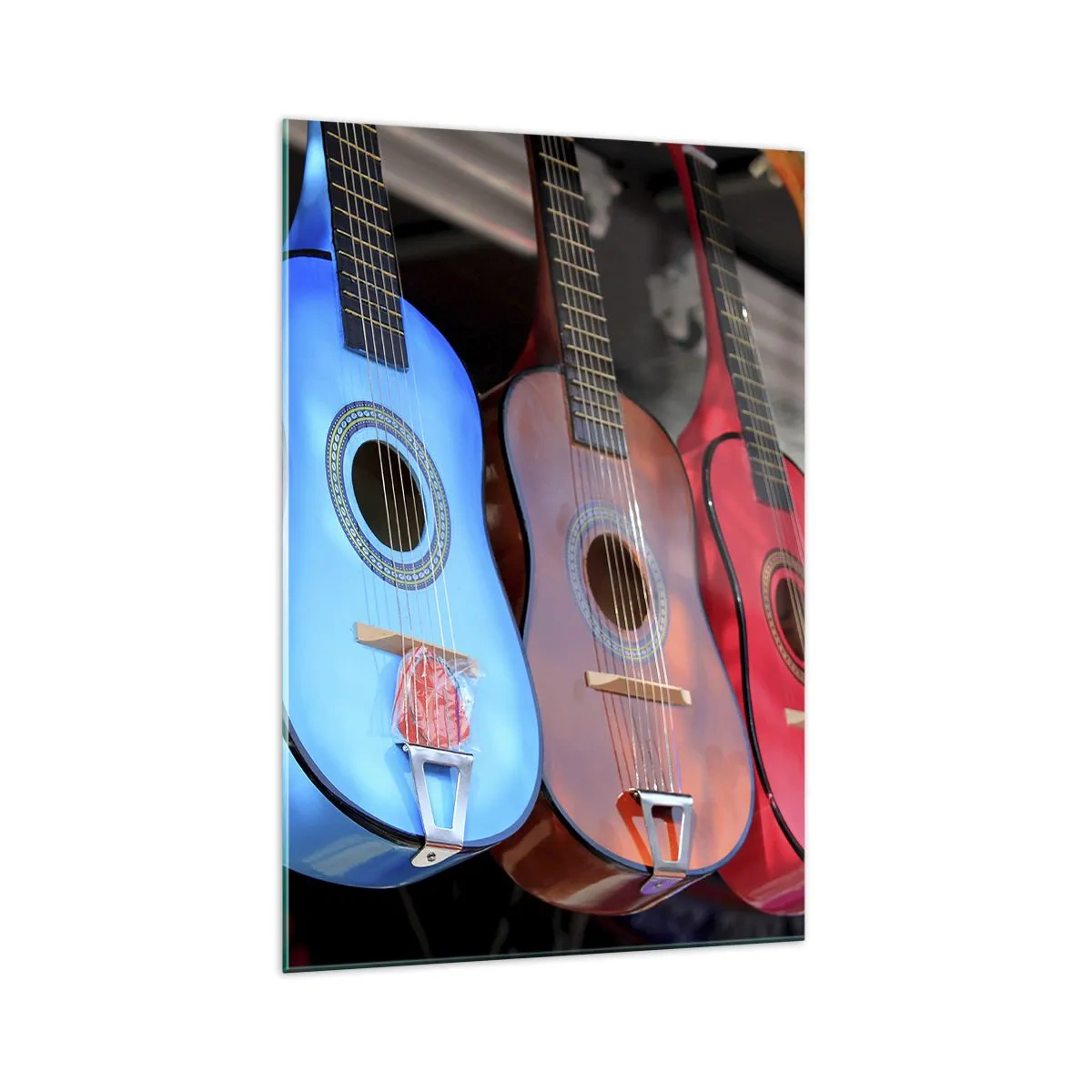 Quadro su vetro - Chitarre acustiche colorate sono appese in fila in mostra - 70x100cm - Atmosfera latina - Decorazione murale moderna per soggiorno e camera da letto ARTTOR