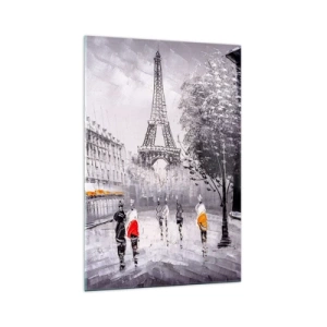 Quadro su vetro - Una vista della Torre Eiffel in un ambiente monocromatico con accenti di colore - 70x100cm - Passeggiata a Parigi - Decorazione murale moderna per soggiorno e camera da letto ARTTOR