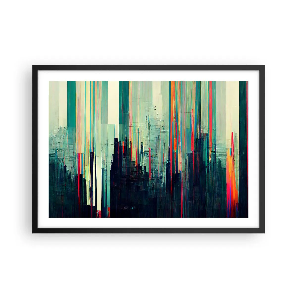 Poster in cornice nera - Astrazione con linee verticali e skyline della città - 70x50cm - Città futuristica - Decorazione murale moderna per soggiorno e camera da letto ARTTOR