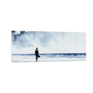 Quadro su vetro - Una figura su una spiaggia in un ambiente marino calmo - 140x50cm - Dialogo con il mare - Decorazione murale moderna per soggiorno e camera da letto ARTTOR