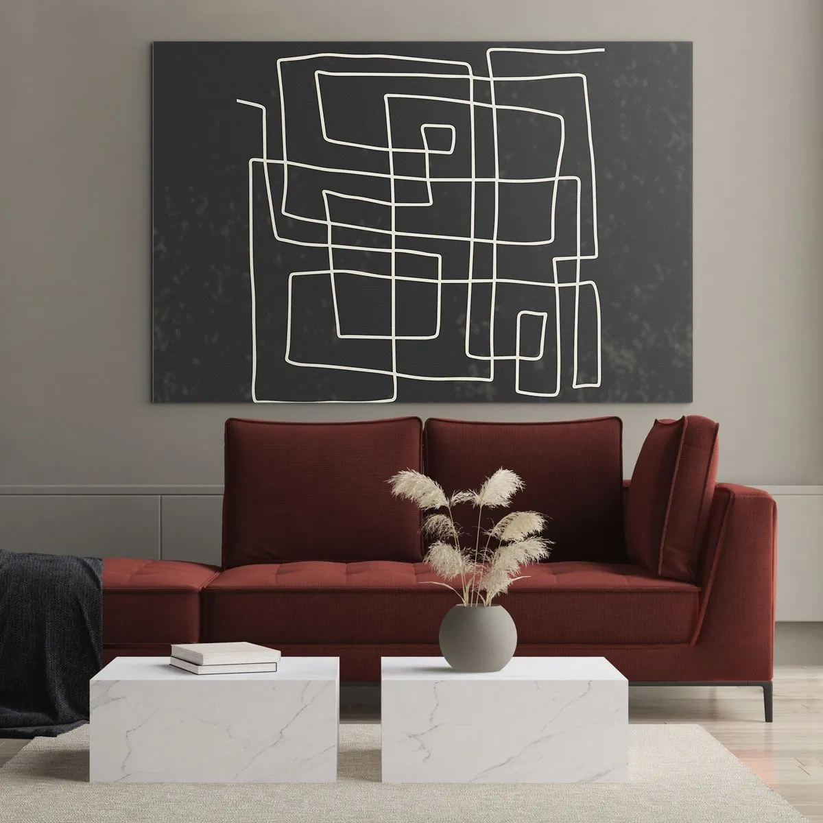 Quadro su vetro - Astrazione geometrica con linee bianche su sfondo nero - 100x70cm - Non è così semplice - Decorazione murale moderna per soggiorno e camera da letto ARTTOR