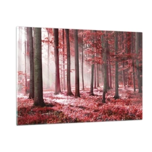 Quadro su vetro - Foresta autunnale nei colori rossi e nebbia mattutina - 120x80cm - Anche rosso è bello - Decorazione murale moderna per soggiorno e camera da letto ARTTOR