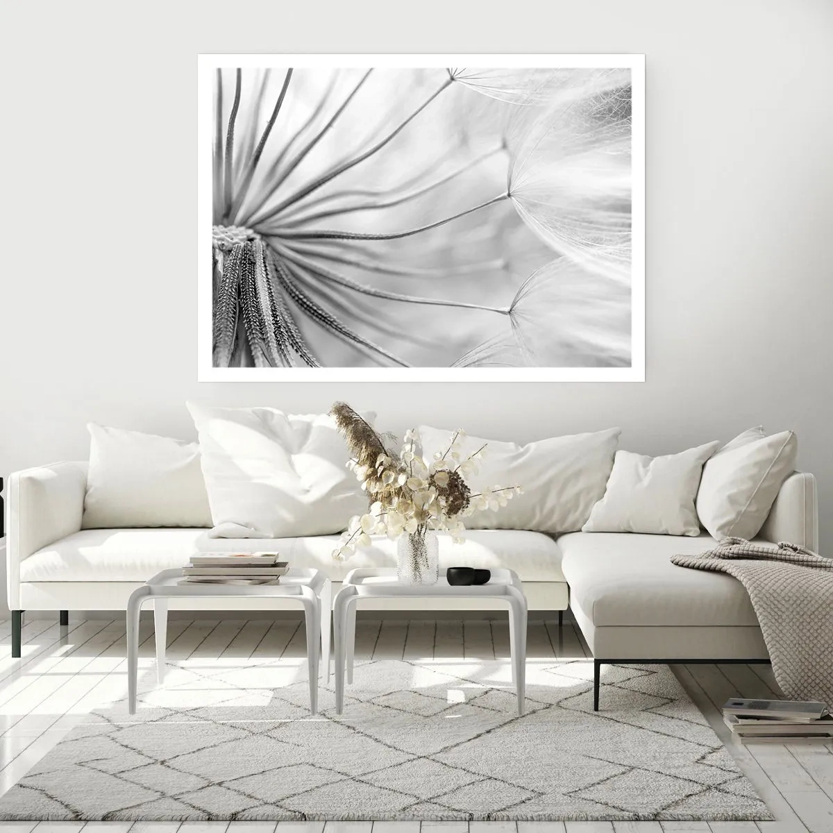 Poster - Delicati denti di leone nei toni del bianco e del nero - 100x70cm - Denti di leone, aquiloni - Decorazione murale moderna per soggiorno e camera da letto ARTTOR