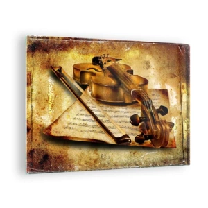 Quadro su vetro - Violino con spartiti su sfondo vintage - 70x50cm - Ci vuole subito un virtuoso - Decorazione murale moderna per soggiorno e camera da letto ARTTOR