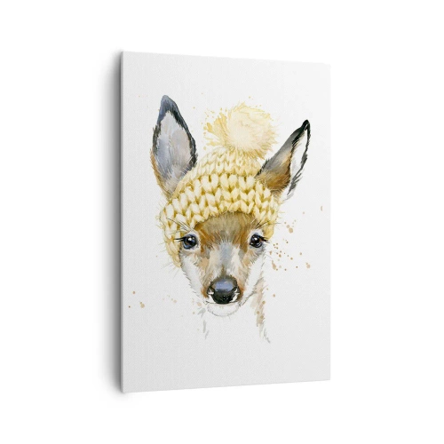 Quadro su tela - Stampe su Tela - Cervo acquerello con berretto giallo - 70x100cm - L'inverno nel bosco innevato - Decorazione murale moderna per soggiorno e camera da letto ARTTOR