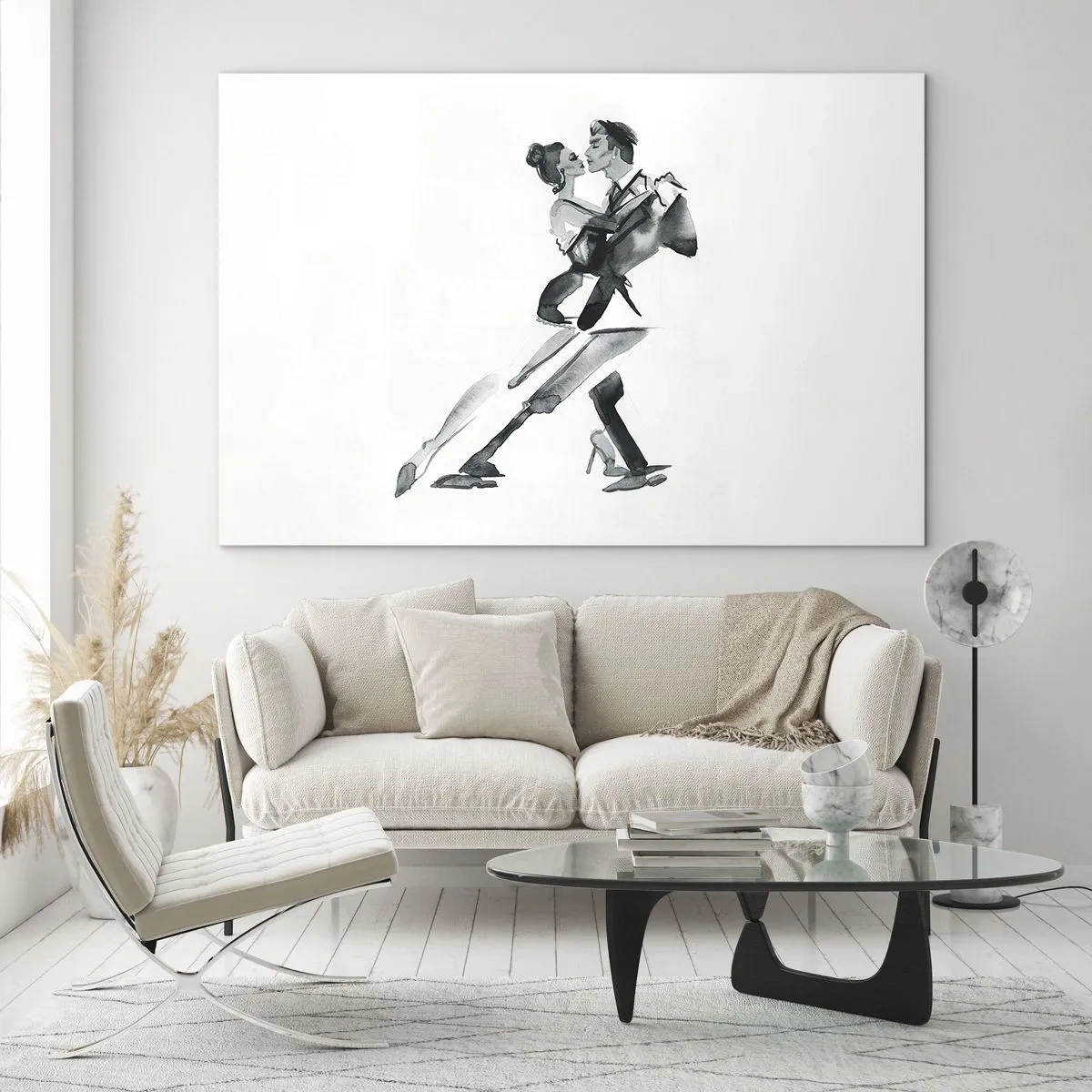 Quadro su vetro - Una coppia che balla il tango in acquerello bianco e nero - 100x70cm - In un unico ritmo - Decorazione murale moderna per soggiorno e camera da letto ARTTOR