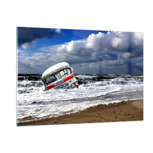 Quadro su vetro - Un vecchio autobus nelle acque di un mare in tempesta - 120x80cm - Ti meravigli? - Decorazione murale moderna per soggiorno e camera da letto ARTTOR