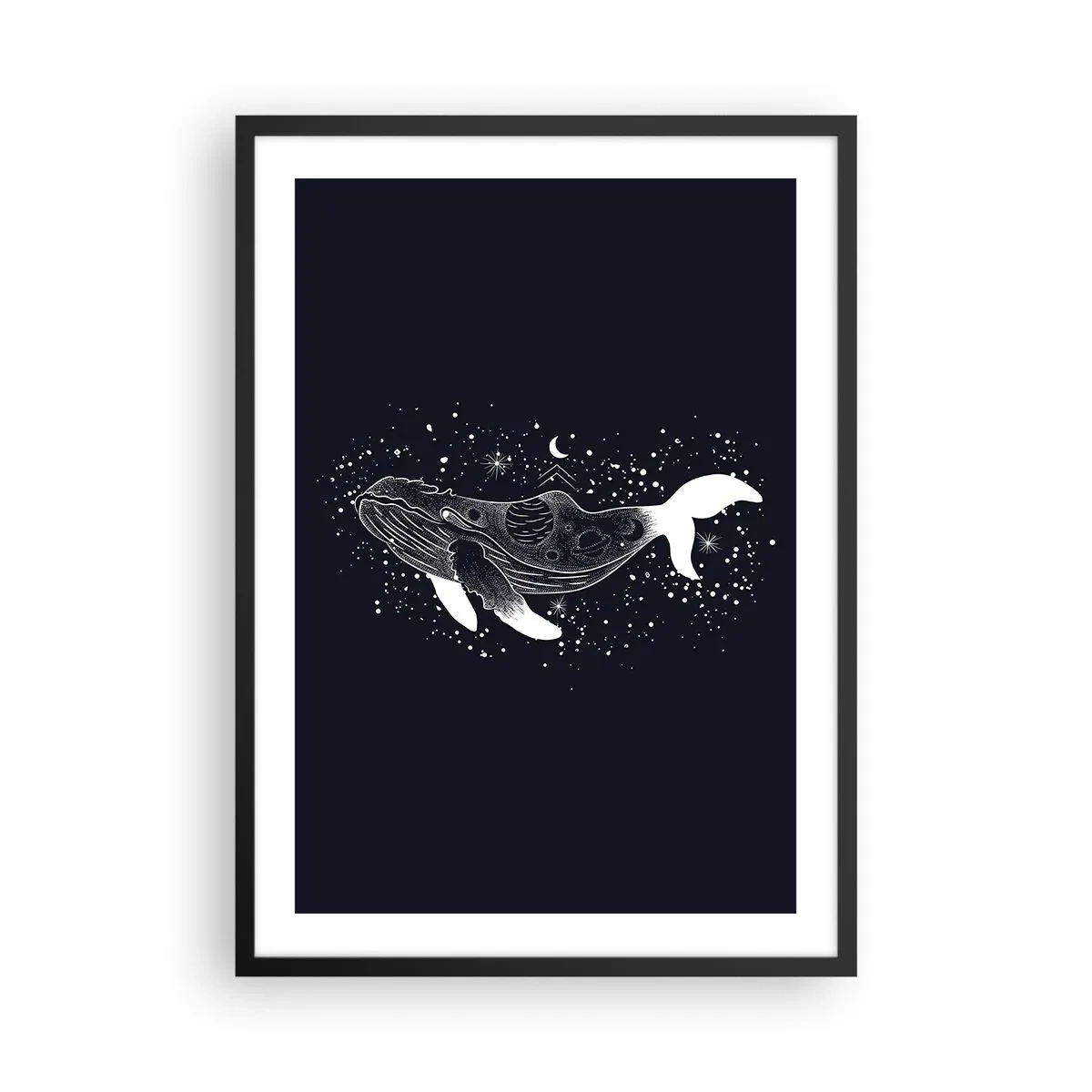 Poster in cornice nera - Una balena spaziale in stile grafico su sfondo nero - 50x70cm - Nell'oceano dell'universo - Decorazione murale moderna per soggiorno e camera da letto ARTTOR