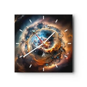 Orologio da parete - Orologio in Vetro - Una visione astratta di un'esplosione cosmica nei toni dell'oro e del blu. - 30x30cm - L'inizio - Decorazione murale moderna per soggiorno e camera da letto ARTTOR
