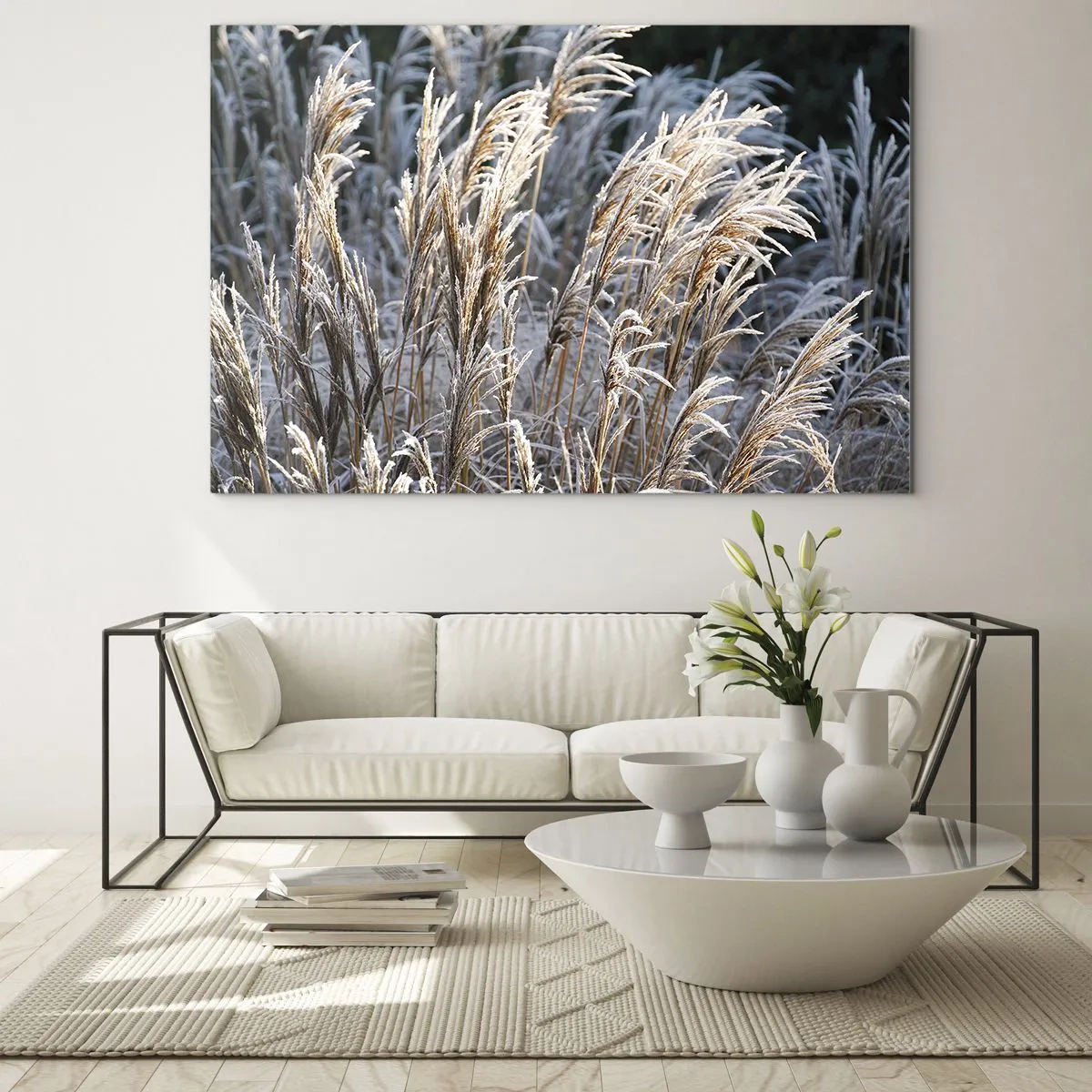 Quadro su vetro - Erbe congelate al sole invernale - 70x50cm - Vestite di brina - Decorazione murale moderna per soggiorno e camera da letto ARTTOR
