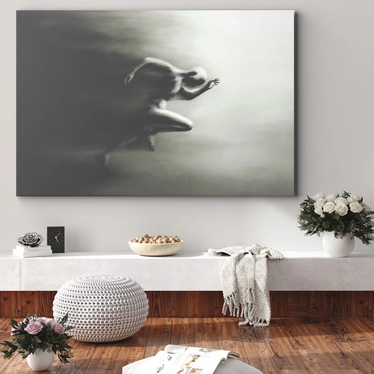 Quadro su tela - Stampe su Tela - Una silhouette in bianco e nero di una figura in corsa, realizzata in uno stile dinamico e surreale. - 70x50cm - Inarrestabile - Decorazione murale moderna per soggiorno e camera da letto ARTTOR