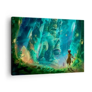 Quadro su tela - Stampe su Tela - Foresta magica con un personaggio esploratore - 70x50cm - Dal grande Libro delle Fiabe - Decorazione murale moderna per soggiorno e camera da letto ARTTOR
