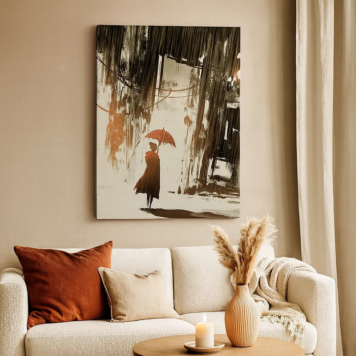 Quadro su tela - Stampe su Tela - Una figura rossa con un ombrello in una scena piovosa - 50x70cm - La poesia dell'ombrello rosso - Decorazione murale moderna per soggiorno e camera da letto ARTTOR