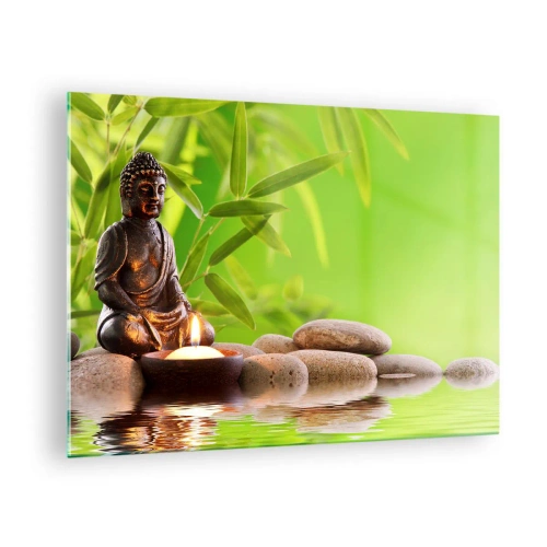 Quadro su vetro - Una figura di Buddha con una candela accesa in un ambiente verde - 70x50cm - La vita è bella - Decorazione murale moderna per soggiorno e camera da letto ARTTOR