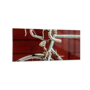 Quadro su vetro - Una bicicletta d'epoca contro un muro di legno rosso - 120x50cm - Creata per la vittoria - Decorazione murale moderna per soggiorno e camera da letto ARTTOR