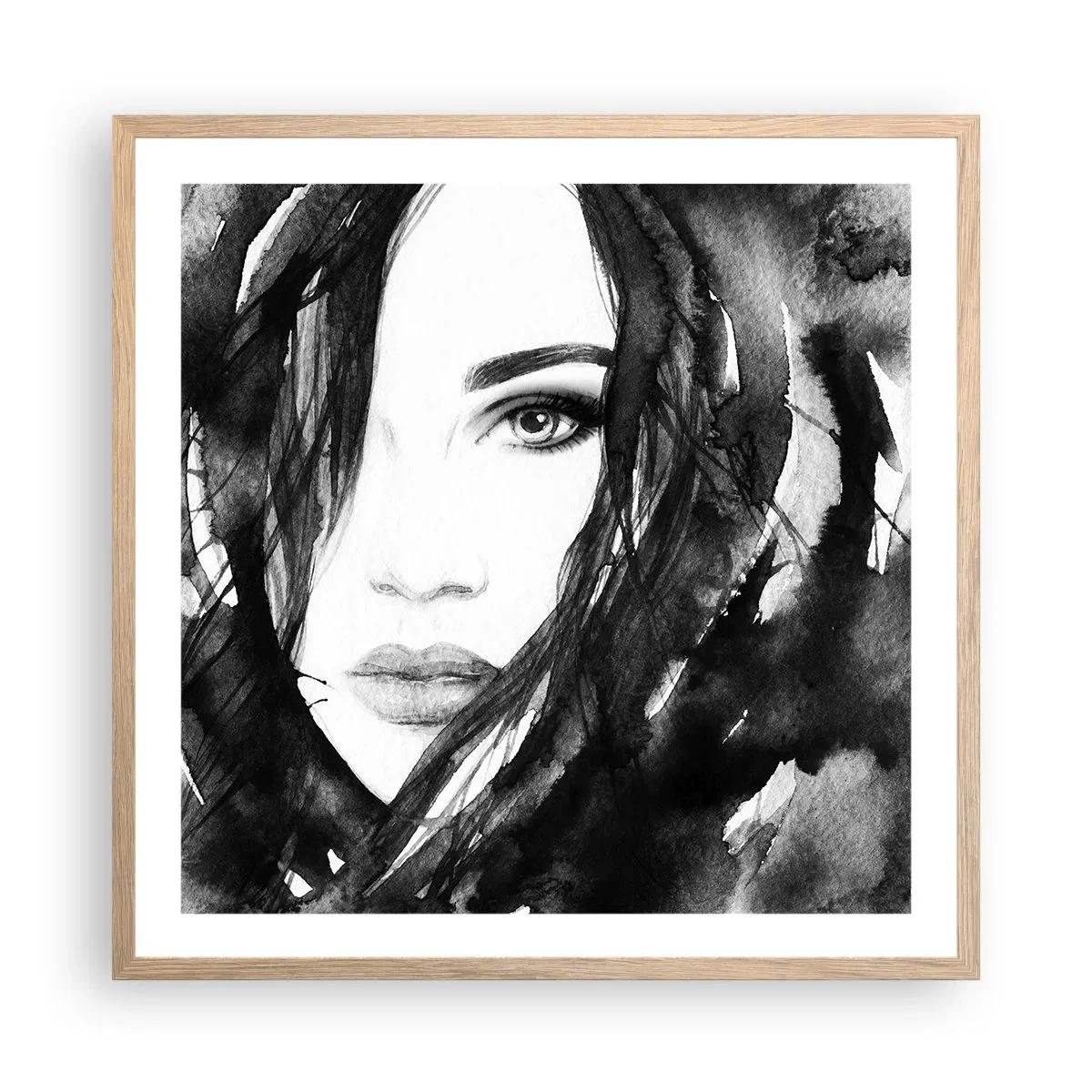 Poster in cornice rovere chiaro - Ritratto di donna in bianco e nero - 60x60 cm