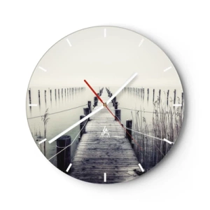 Orologio da parete - Orologio in Vetro - Un molo di legno in un paesaggio nebbioso sopra l'acqua - 30x30cm - Immergiti nella pace - Decorazione murale moderna per soggiorno, cucina e camera da letto ARTTOR