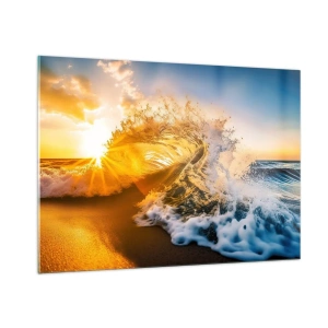 Quadro su vetro - Un'onda che si infrange sulla riva, illuminata dai raggi del sole al tramonto - 100x70cm - Gioco sulla sabbia - Decorazione murale moderna per soggiorno e camera da letto ARTTOR