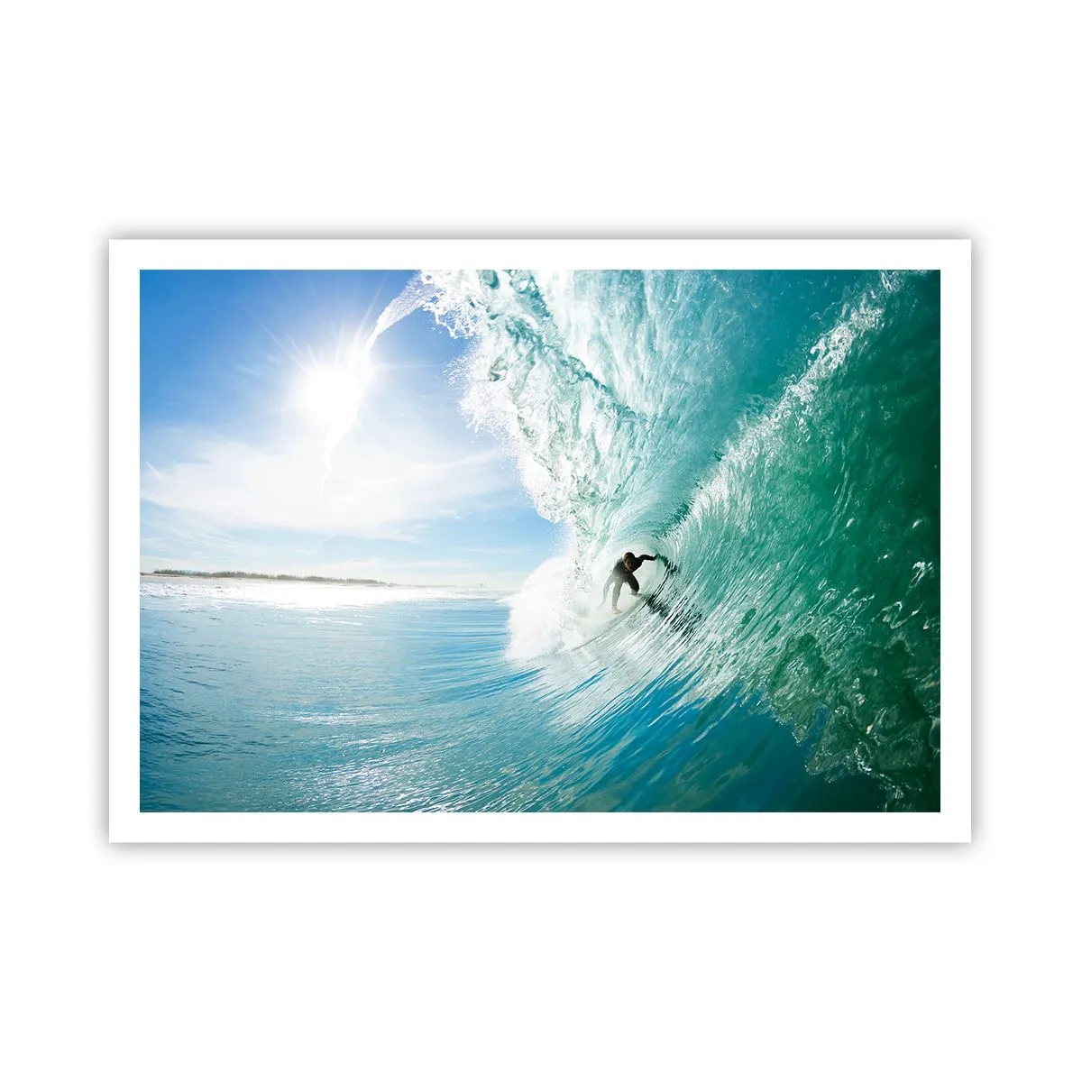 Poster - Un surfista cavalca un'onda alla luce del sole contro un cielo blu - 100x70cm - Sempre sull'onda - Decorazione murale moderna per soggiorno e camera da letto ARTTOR