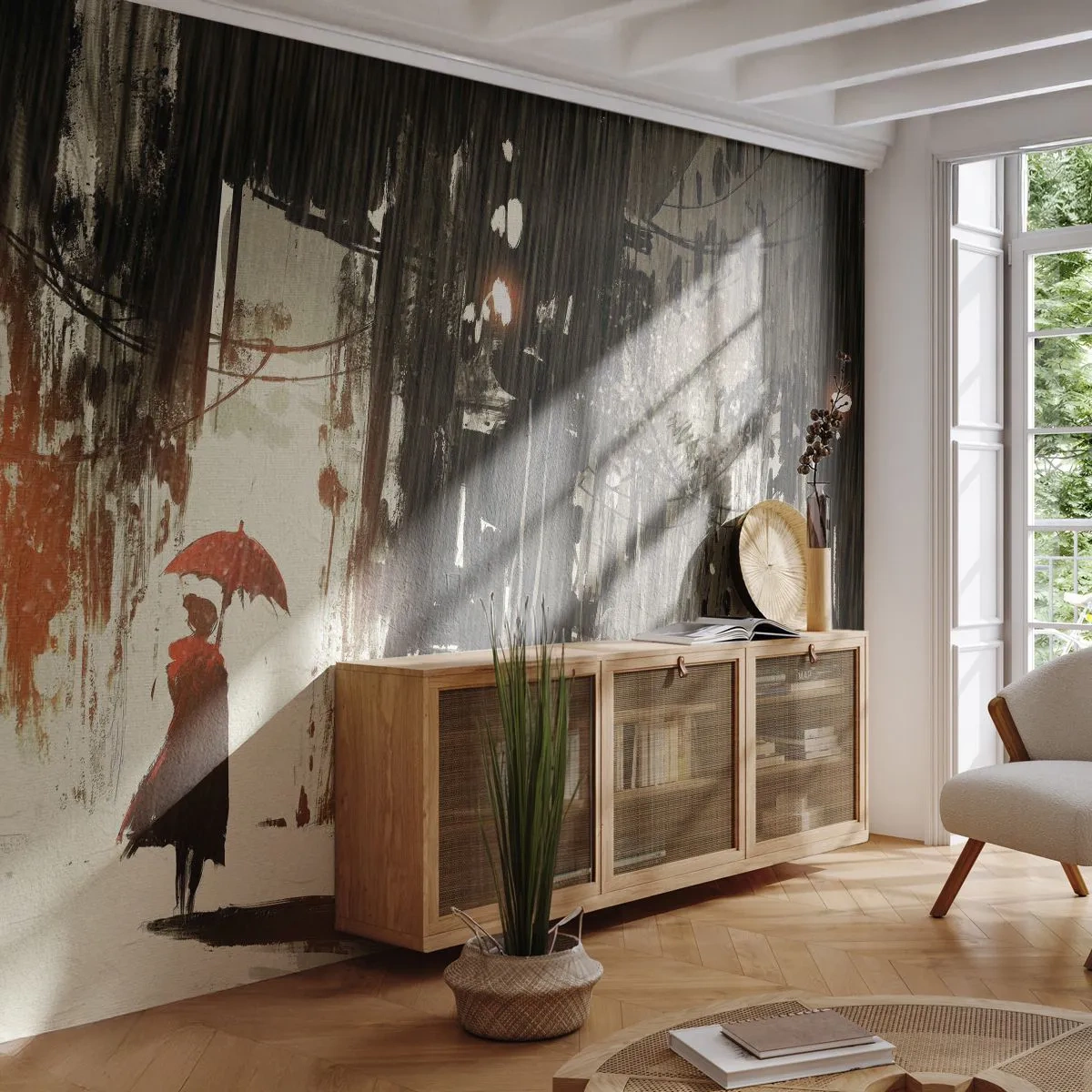 Fotomurali Premium Sand - Donna con un ombrello rosso in una città piovosa - 100x70cm - La poesia dell'ombrello rosso - Decorazione murale moderna per soggiorno e camera da letto ARTTOR