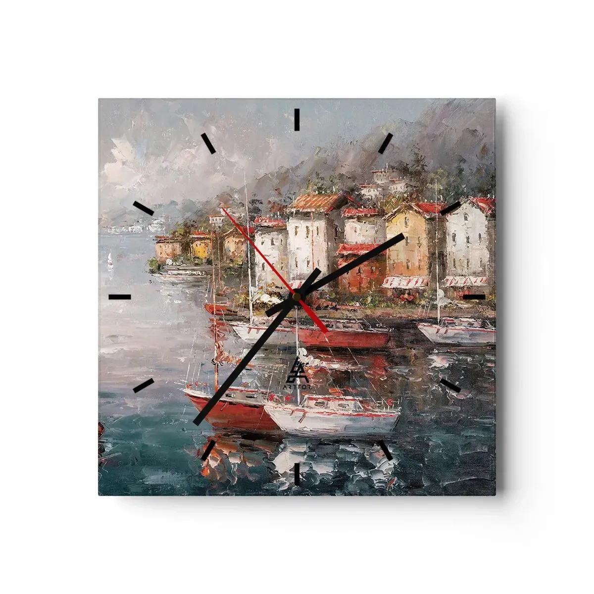 Orologio da parete - Orologio in Vetro - Paesaggio marino con barche e case colorate - 30x30cm - Molo romantico - Decorazione murale moderna per soggiorno e camera da letto ARTTOR