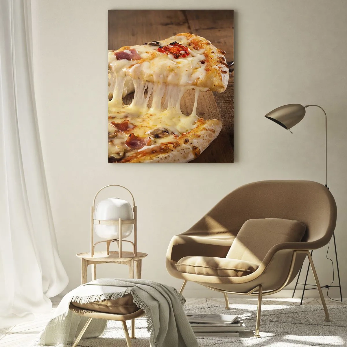 Quadro su vetro - Pizza con formaggio filante, pomodori e prosciutto su fondo di legno - 50x70cm - Capolavoro di arte italiana - Decorazione murale moderna per soggiorno e camera da letto ARTTOR