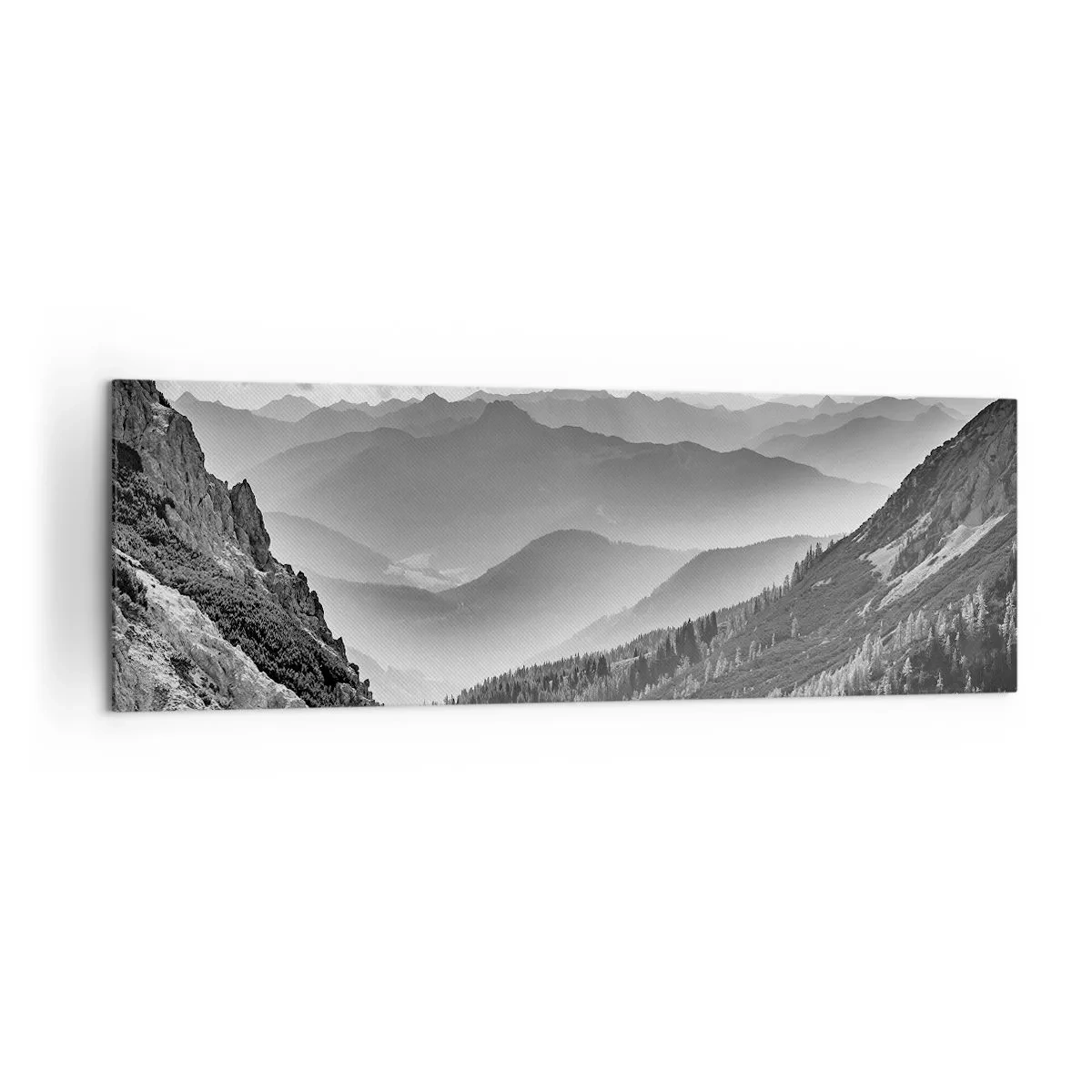 Quadro su tela - Stampe su Tela - Paesaggio montano in bianco e nero con nuvole sulle cime - 160x50cm - Fino all'orizzonte - Decorazione murale moderna per soggiorno e camera da letto ARTTOR
