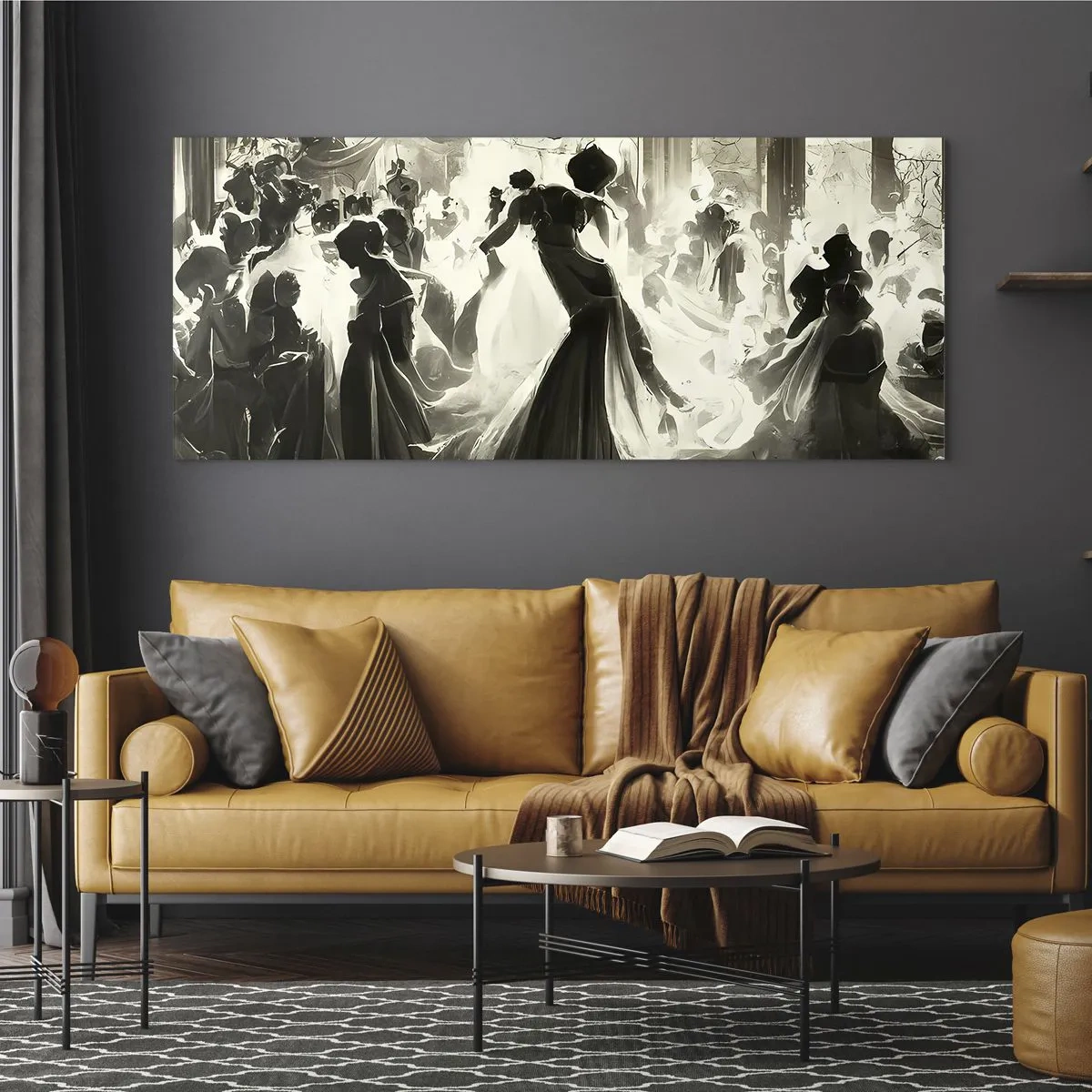 Quadro su vetro - Palla in stile retrò in bianco e nero - 120x50cm - Il gran ballo in maschera - Decorazione murale moderna per soggiorno e camera da letto ARTTOR