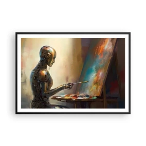 Poster in cornice nera - Un robot che dipinge su una tela in stile artistico - 100x70cm - L'arte del futuro - Decorazione murale moderna per soggiorno e camera da letto ARTTOR
