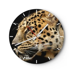 Orologio da parete - Orologio in Vetro - Primo piano della testa di un leopardo su uno sfondo nero - 30x30cm - Calmo, concentrato, pronto - Decorazione murale moderna per soggiorno, cucina e camera da letto ARTTOR