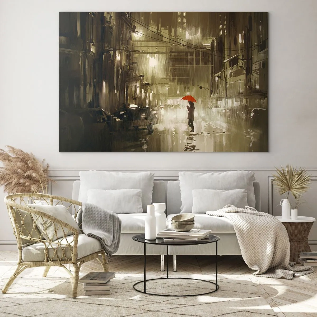 Quadro su vetro - Persona con ombrello rosso nella luce piovosa della città di notte - 70x50cm - Sola ma non solitaria - Decorazione murale moderna per soggiorno e camera da letto ARTTOR