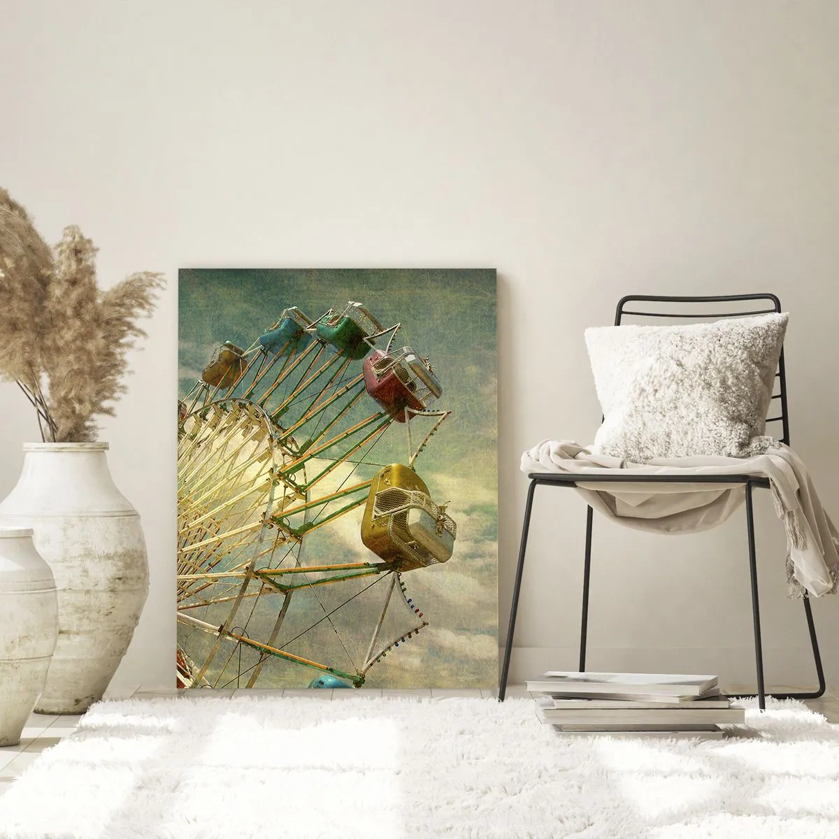 Quadro su vetro - Foto retrò di una ruota panoramica con palme contro il cielo - 80x120cm - Il divertimento comincia... - Decorazione murale moderna per soggiorno e camera da letto ARTTOR