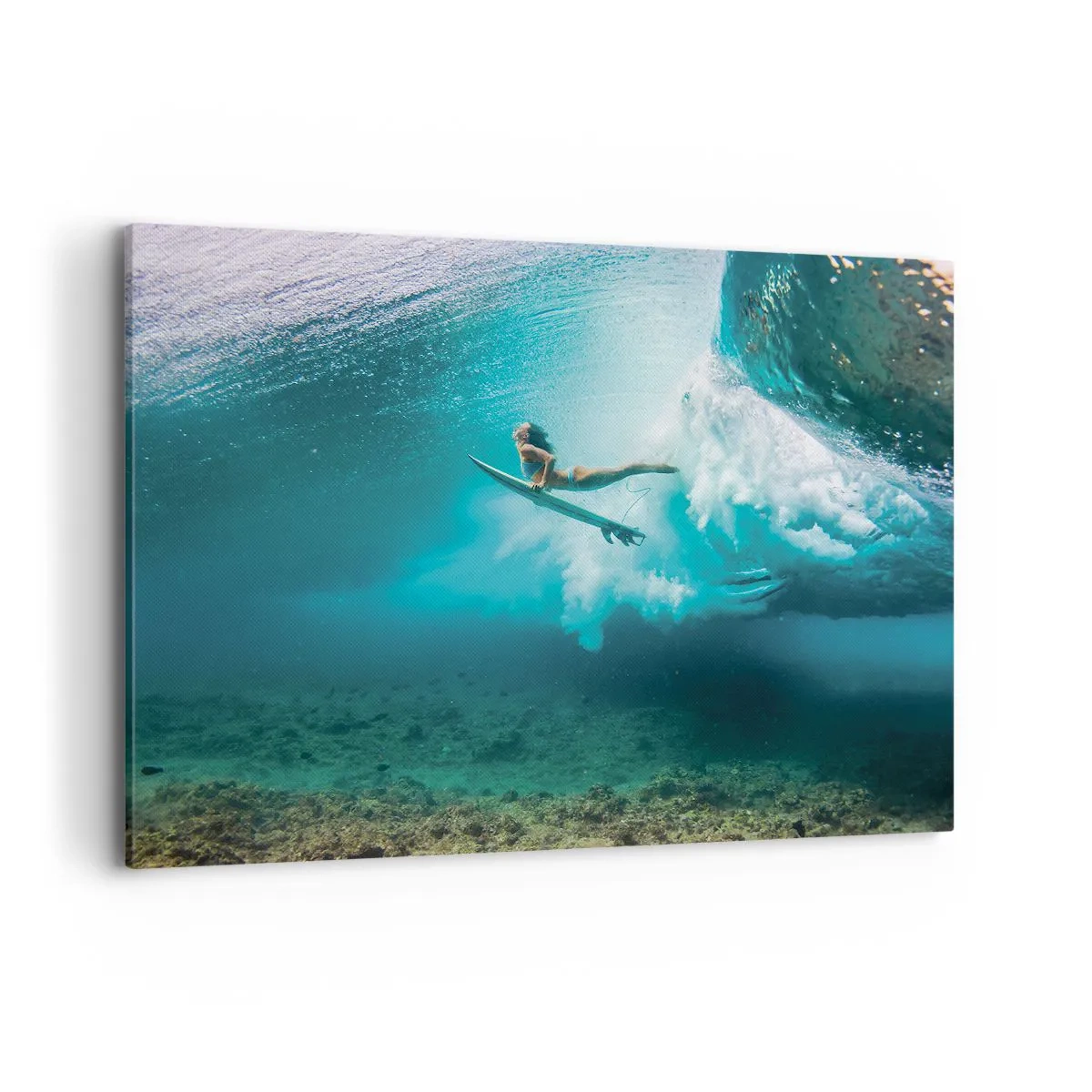 Quadro su tela - Stampe su Tela - Surfista sotto un'onda nell'acqua blu dell'oceano - 100x70cm - Mondo subacqueo - Decorazione murale moderna per soggiorno e camera da letto ARTTOR