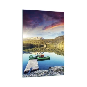 Quadro su vetro - Tramonto sul lago con barche al molo - 70x100cm - Sull'acqua liscia come uno specchio - Decorazione murale moderna per soggiorno e camera da letto ARTTOR