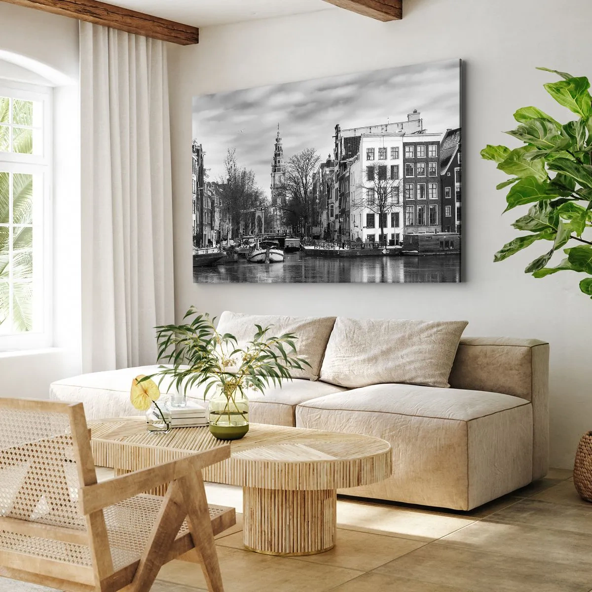 Quadro su tela - Stampe su Tela - Panorama in bianco e nero di Amsterdam con canale ed edifici storici - 120x80cm - Atmosfera di Amsterdam - Decorazione murale moderna per soggiorno e camera da letto ARTTOR