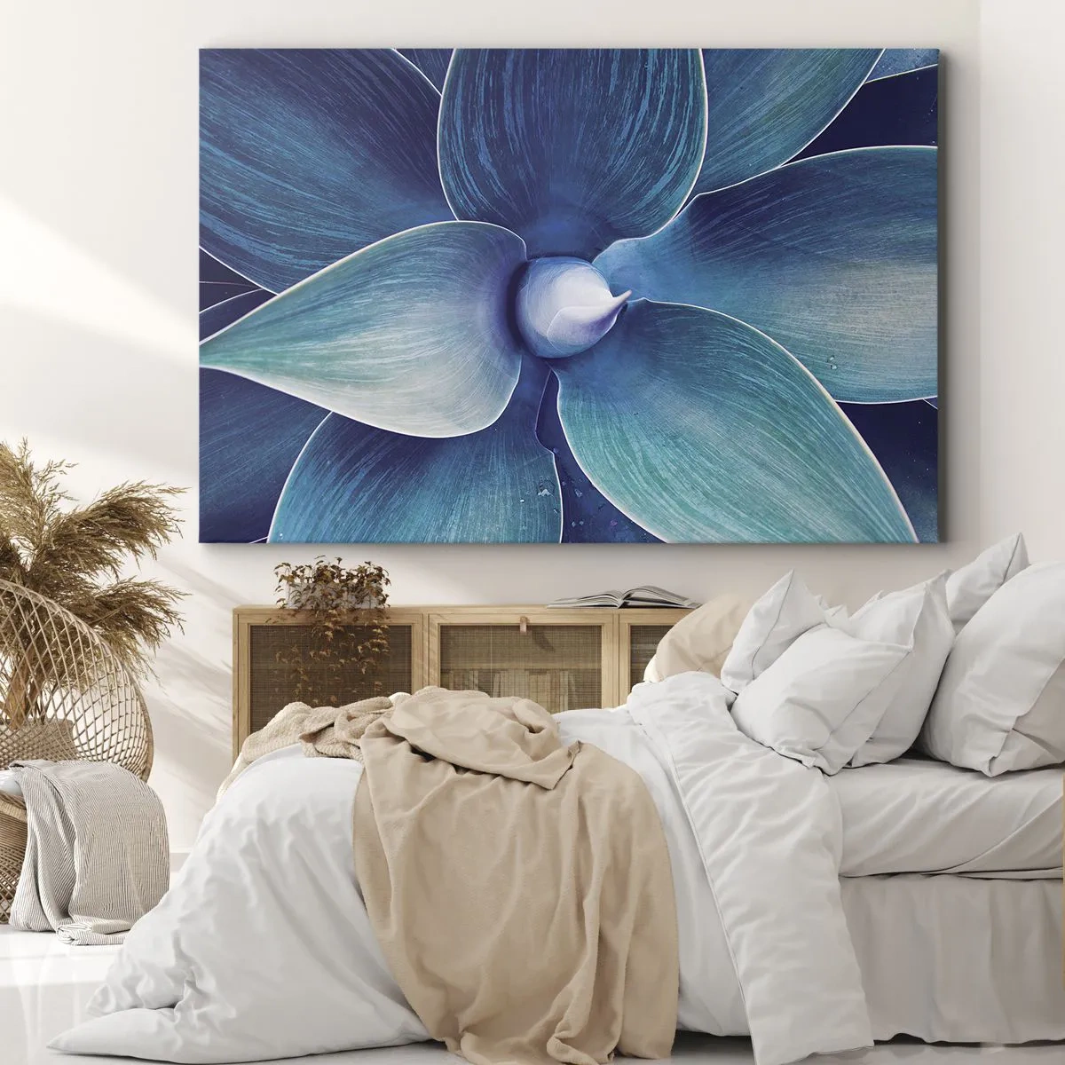Quadro su tela - Stampe su Tela - Primo piano di un fiore astratto nei toni del blu - 120x80cm - Imbluito dal sole - Decorazione murale moderna per soggiorno e camera da letto ARTTOR