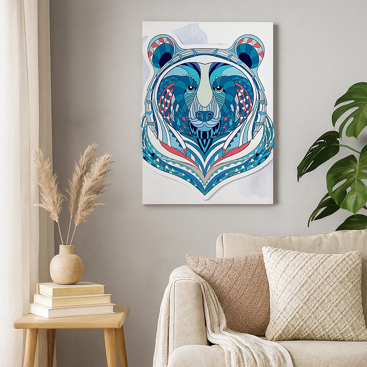 Quadro su tela - Stampe su Tela - Orso geometrico nei toni del blu e del rosso - 50x70cm - Evviva la Groenlandia! - Decorazione murale moderna per soggiorno e camera da letto ARTTOR