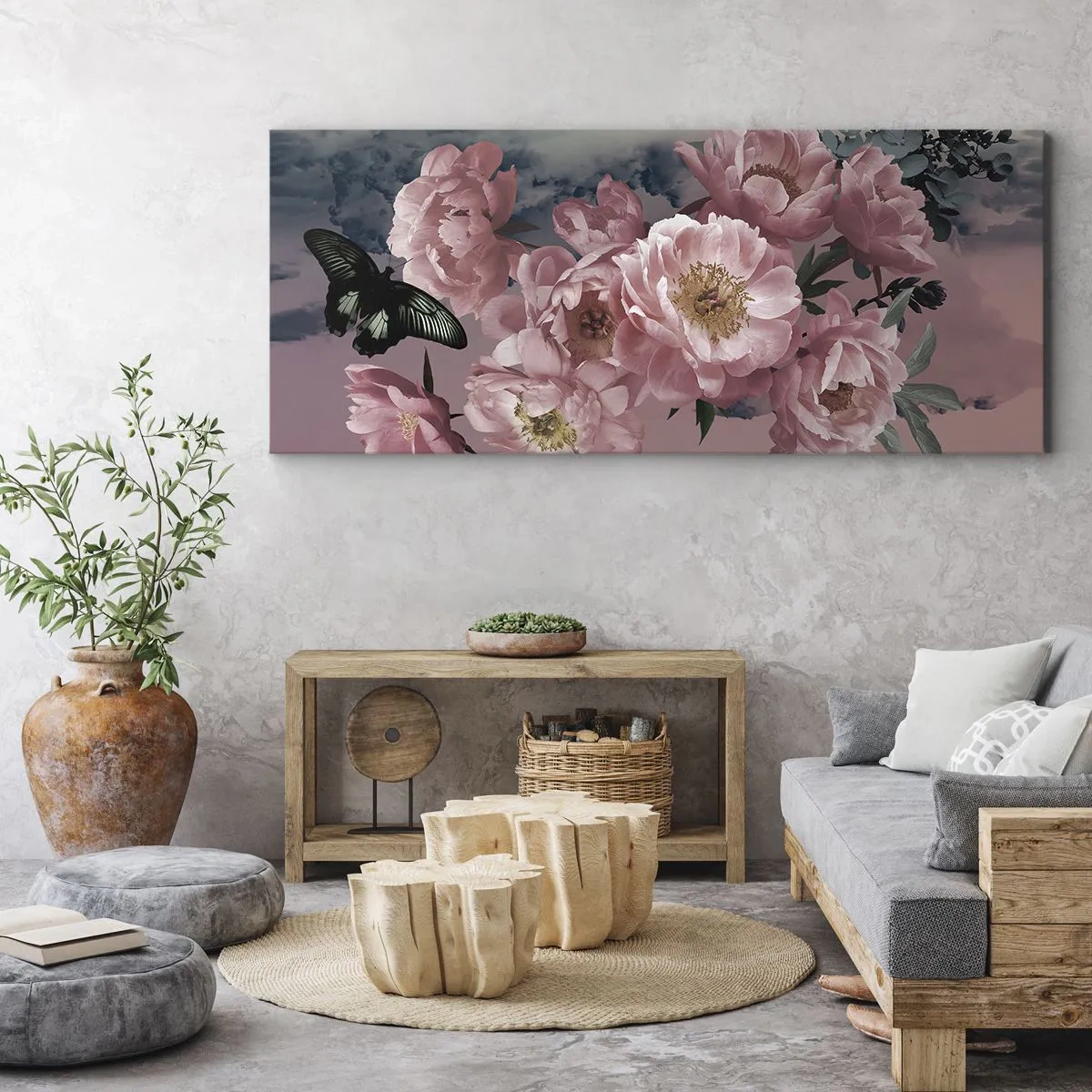 Quadro su tela - Stampe su Tela - Peonie rosa con farfalla su sfondo pastello - 160x50cm - L'apice della romanticità - Decorazione murale moderna per soggiorno e camera da letto ARTTOR