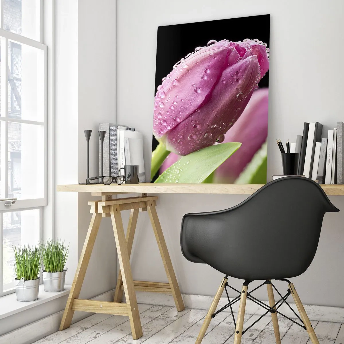 Quadro su vetro - Tulipano rosa con gocce d'acqua su sfondo nero - 70x100cm - Sogno lilla nella rugiada - Decorazione murale moderna per soggiorno e camera da letto ARTTOR