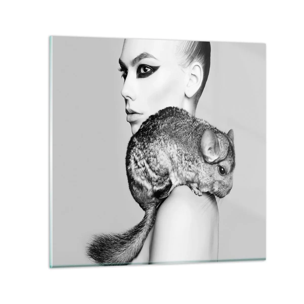 Quadro su vetro - Dama con il cincillà - 40x40 cm