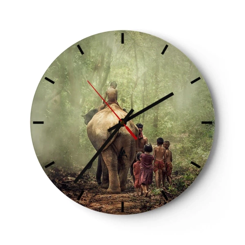 Orologio da parete - Orologio in Vetro - Bambini e un elefante in una fitta foresta al mattino - 30x30cm - Il nuovo Libro della Giungla - Decorazione murale moderna per soggiorno, cucina e camera da letto ARTTOR