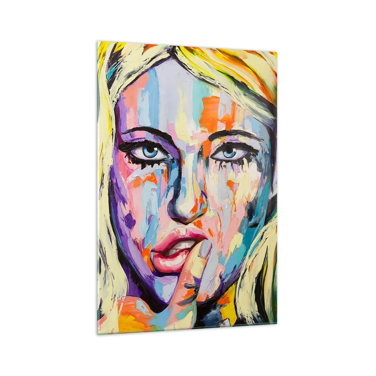 Quadro su vetro - Ritratto colorato di una donna in stile astratto - 70x100cm - Guardala dritto negli occhi - Decorazione murale moderna per soggiorno e camera da letto ARTTOR