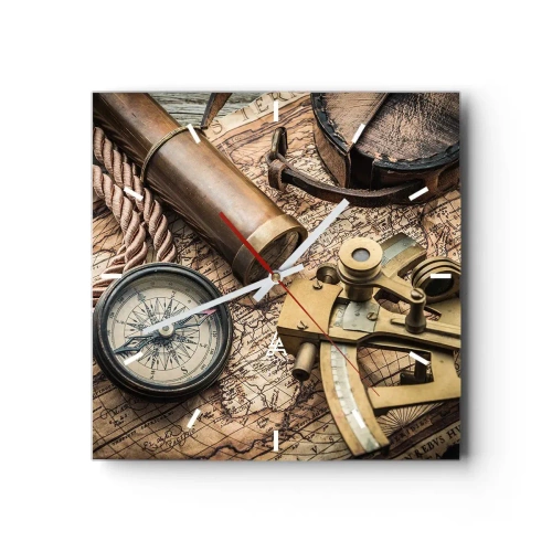Orologio da parete - Orologio in Vetro - Una bussola, un sestante e un telescopio sullo sfondo di una vecchia mappa e di una corda nautica. - 30x30cm - Traccia la rotta - Decorazione murale moderna per soggiorno e camera da letto ARTTOR