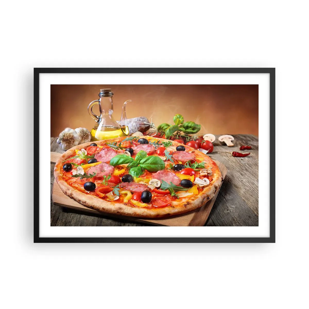 Poster in cornice nera - Pizza appetitosa su un tavolo di legno con condimenti - 70x50cm - Con gusto veramente italiano - Decorazione murale moderna per soggiorno e camera da letto ARTTOR