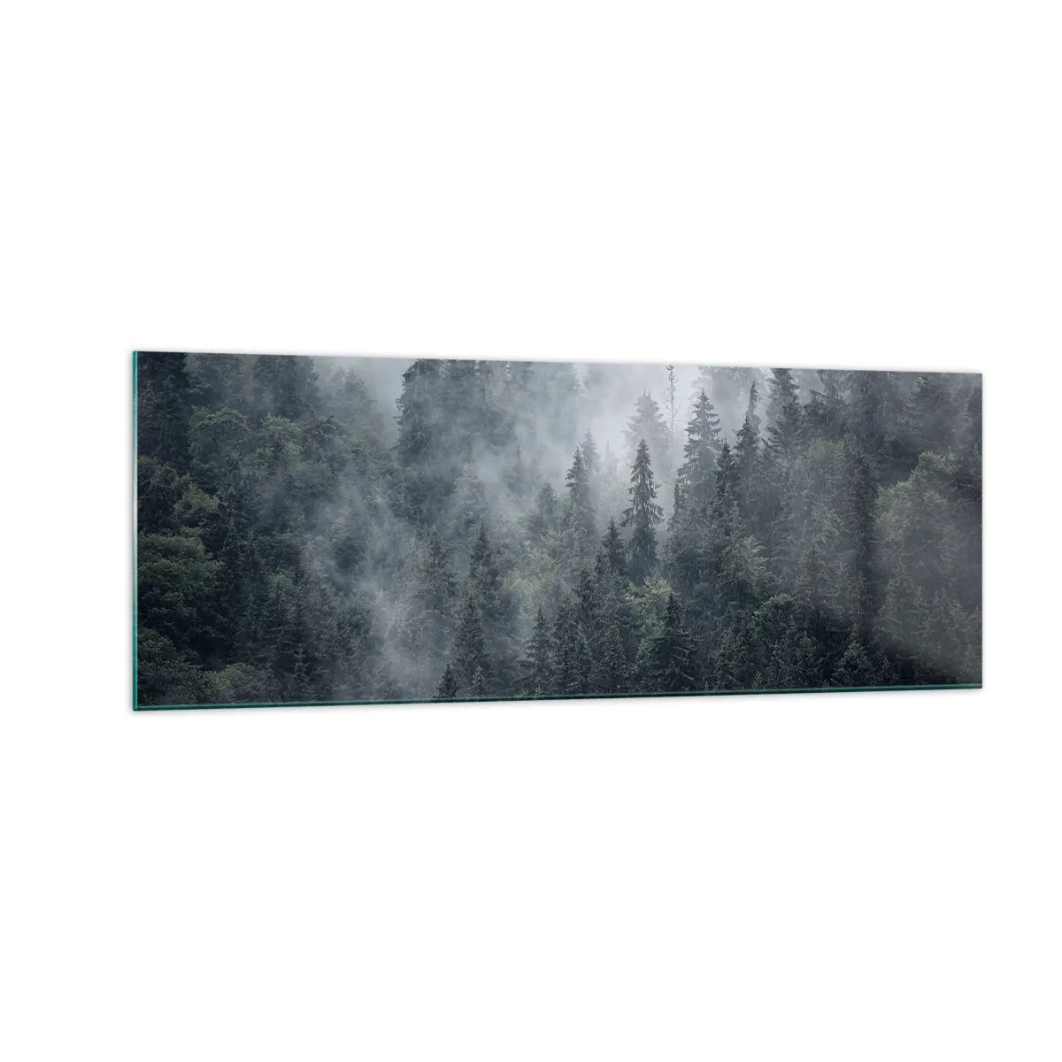 Quadro su vetro - Foresta di conifere nebbiosa nei toni del grigio e del verde - 140x50cm - Alba nel bosco - Decorazione murale moderna per soggiorno e camera da letto ARTTOR